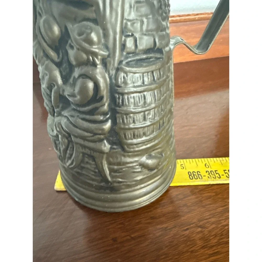English Brass Pitcher Embossed with Pub Scene Made in England Mid Century‎ MCM